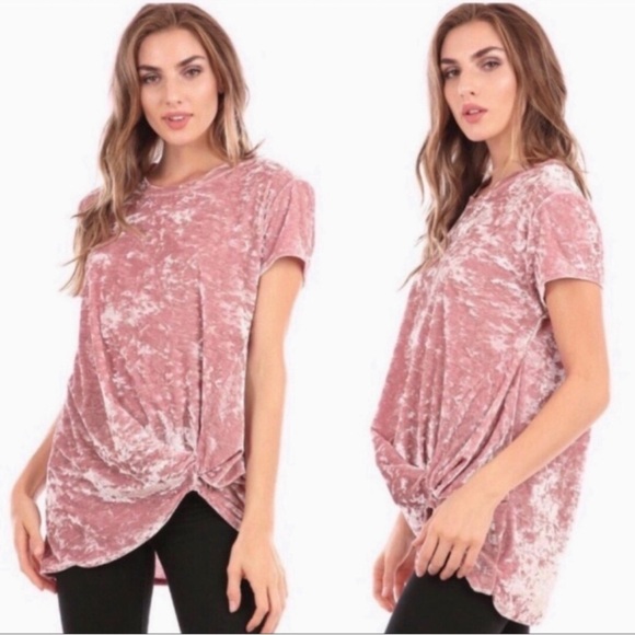 Hummingbird Tops - Hummingbird Dusty Rose Crushed Velvet Twist Front Short Sleeve Top